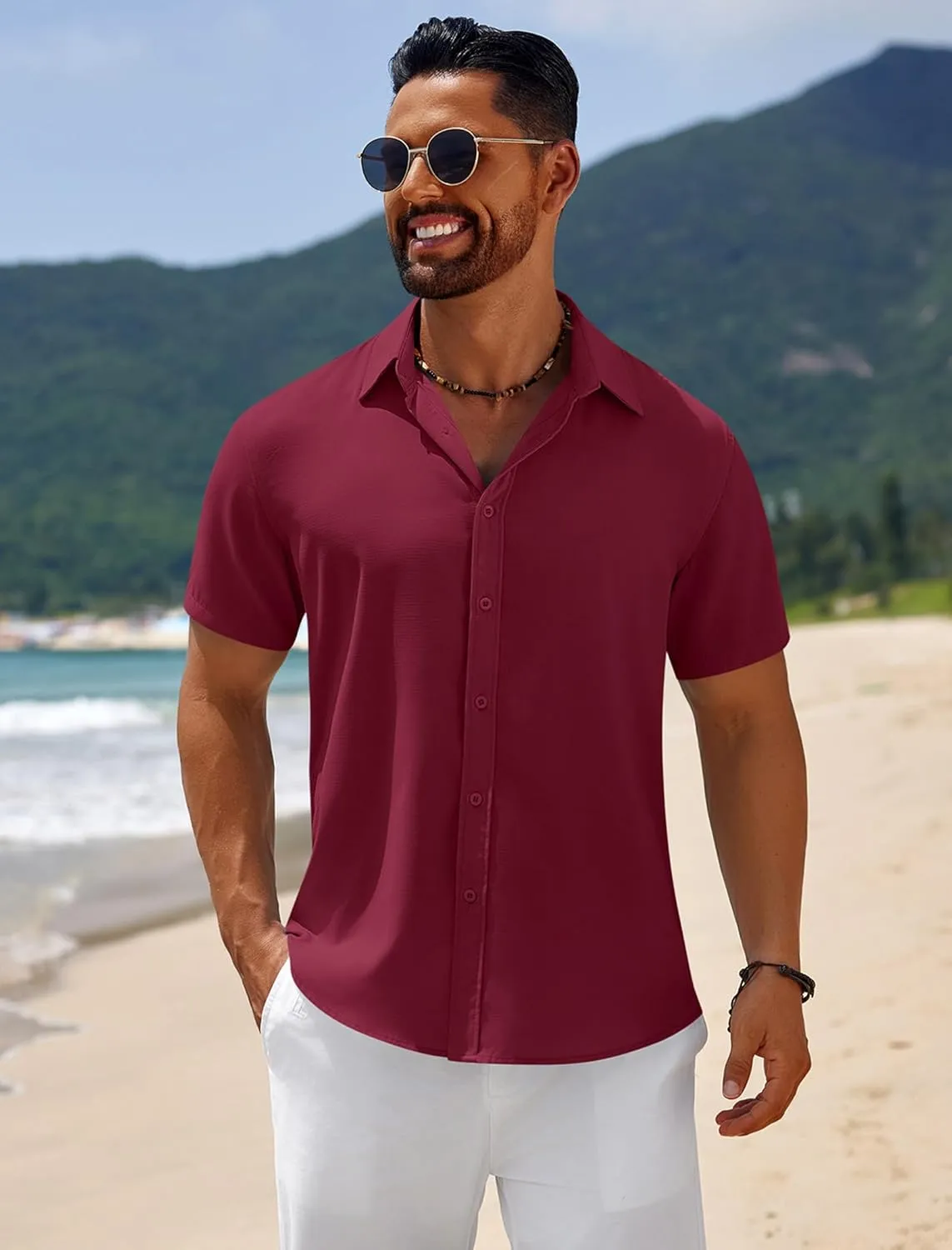 COOFANDY Mens Casual Beach Shirts Short Sleeve Button Down Shirts Summer Vacation Untucked Dress Shirts