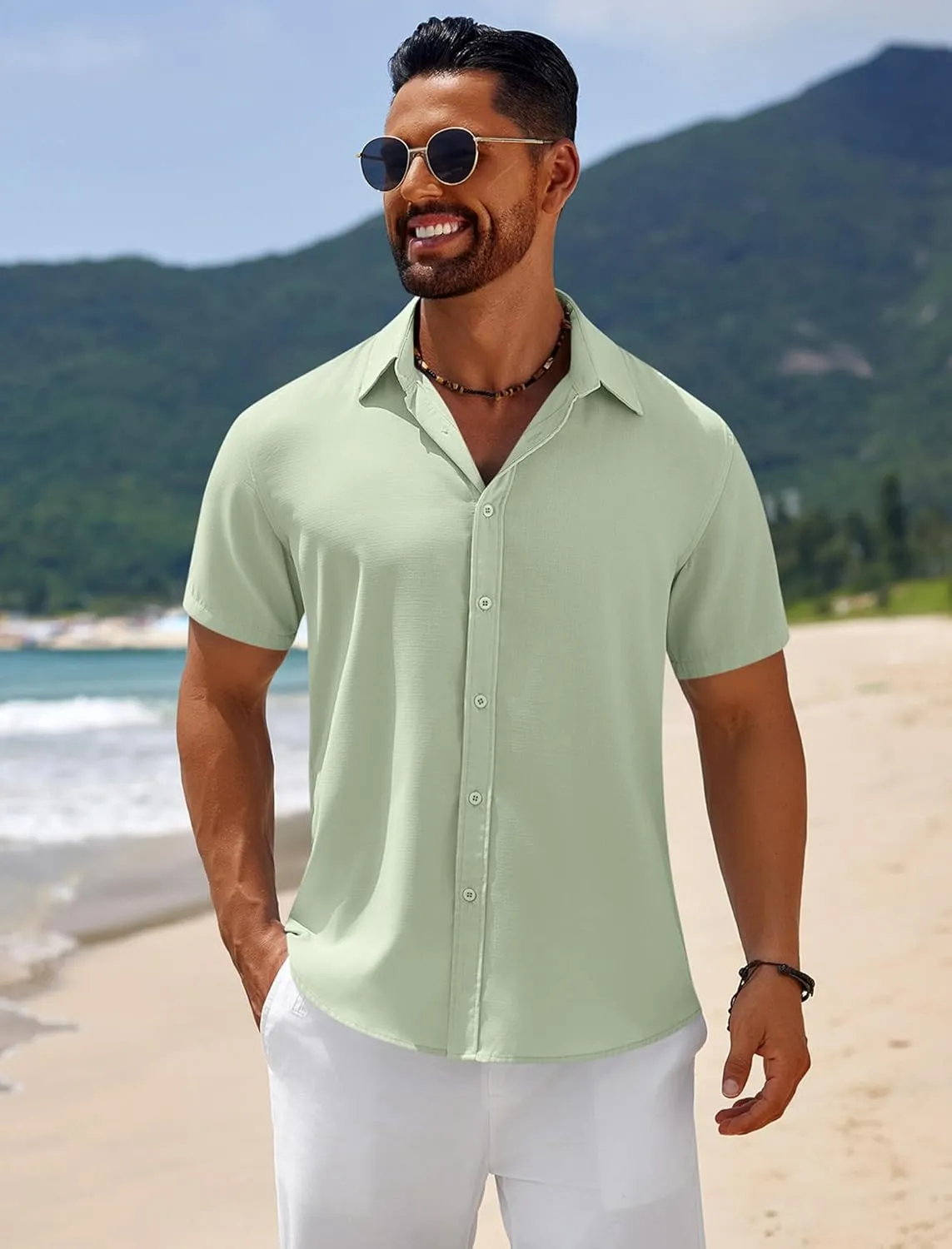 COOFANDY Mens Casual Beach Shirts Short Sleeve Button Down Shirts Summer Vacation Untucked Dress Shirts