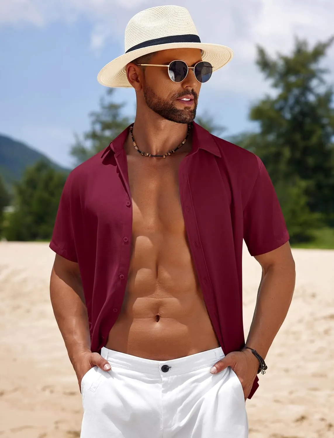 COOFANDY Mens Casual Beach Shirts Short Sleeve Button Down Shirts Summer Vacation Untucked Dress Shirts