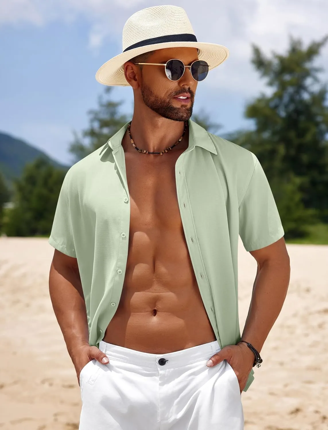 COOFANDY Mens Casual Beach Shirts Short Sleeve Button Down Shirts Summer Vacation Untucked Dress Shirts