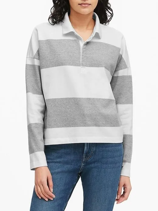 Cropped Rugby Stripe Polo in White & Gray Stripe