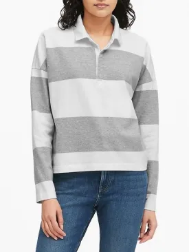 Cropped Rugby Stripe Polo in White & Gray Stripe