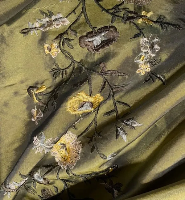 DEAL! Duchess Aurora Olive Green Iridescence Faux Silk Embroidered Fabric
