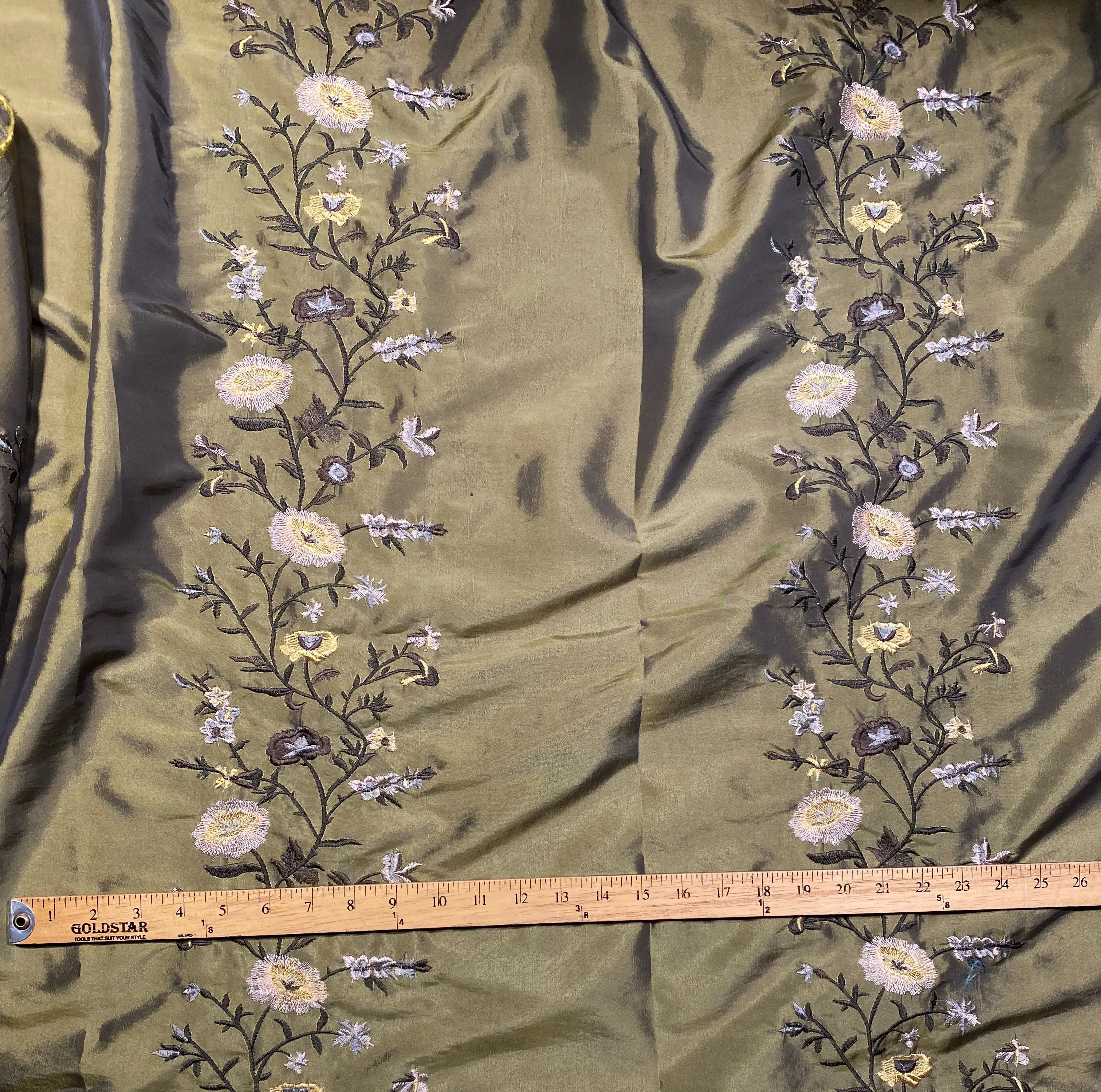 DEAL! Duchess Aurora Olive Green Iridescence Faux Silk Embroidered Fabric