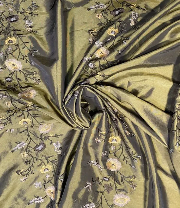 DEAL! Duchess Aurora Olive Green Iridescence Faux Silk Embroidered Fabric