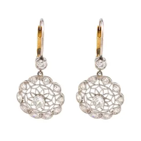 Edwardian Style Diamond 18K White Yellow Gold Wire Earrings