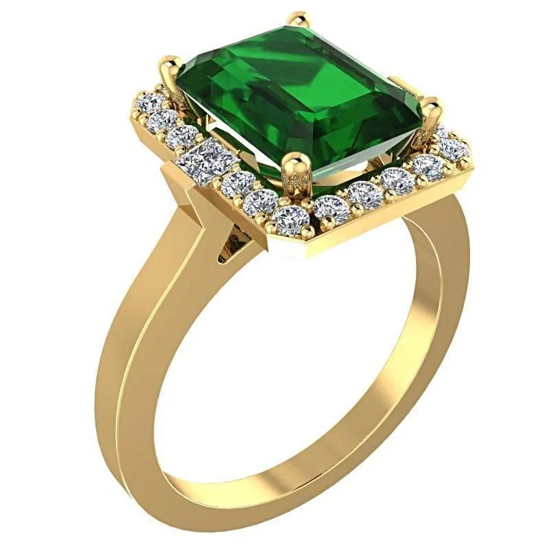 Emerald and Diamond Halo Ring 18K Yellow Gold