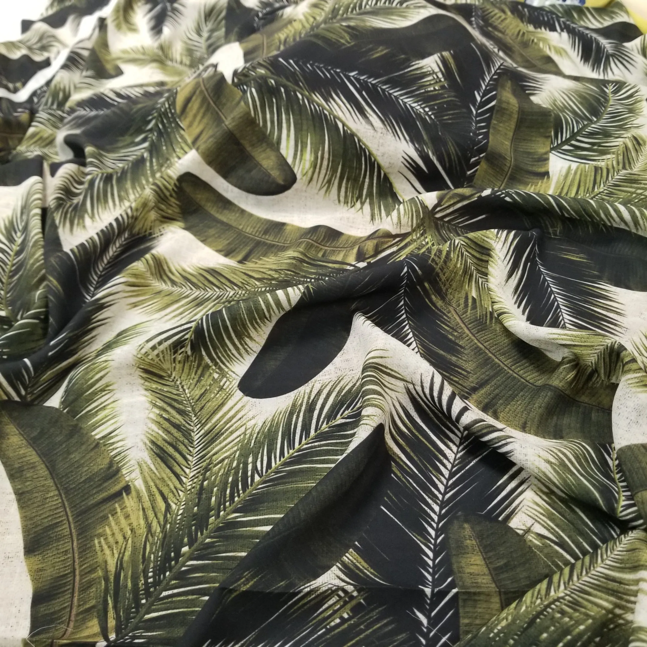 End of BOlt : 4-1/4th yards of Designer Deadstock Soft Crepe Blousewear Taupe and Green Foliage Resortwear Woven-remnant