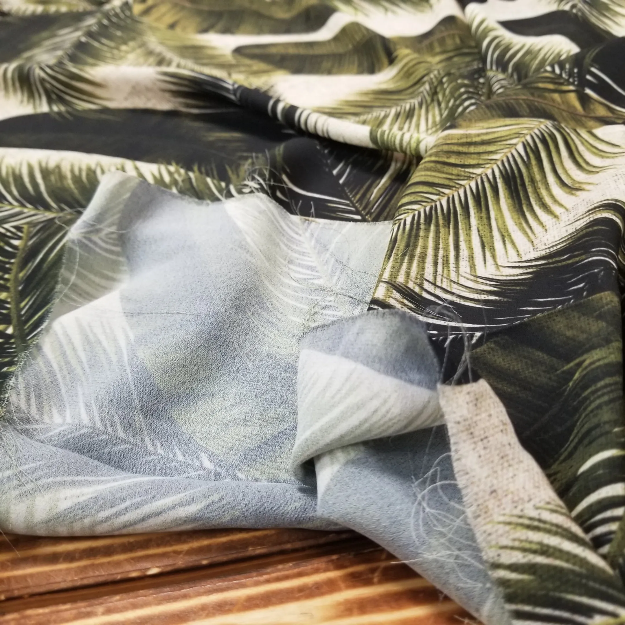 End of BOlt : 4-1/4th yards of Designer Deadstock Soft Crepe Blousewear Taupe and Green Foliage Resortwear Woven-remnant