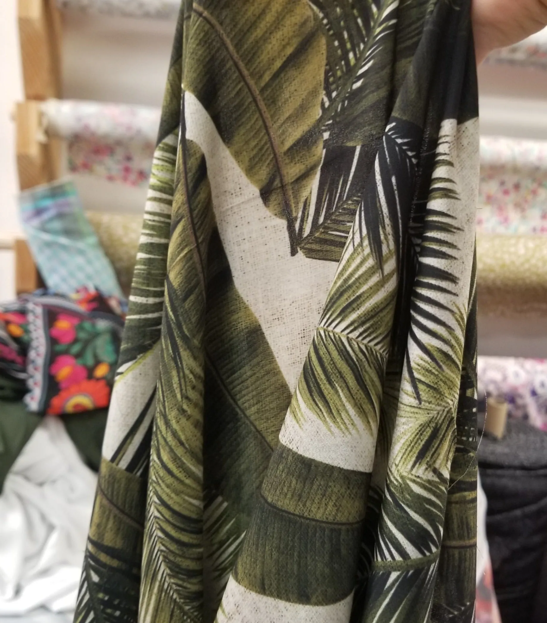 End of BOlt : 4-1/4th yards of Designer Deadstock Soft Crepe Blousewear Taupe and Green Foliage Resortwear Woven-remnant