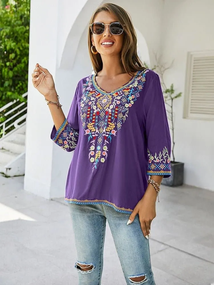 Floral Embroidery Mexican Blouse with Vibrant Floral Pattern and Stylish Design
