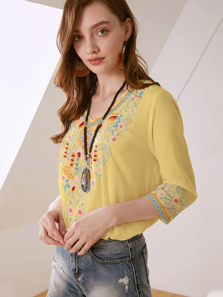 Floral Embroidery Mexican Blouse with Vibrant Floral Pattern and Stylish Design
