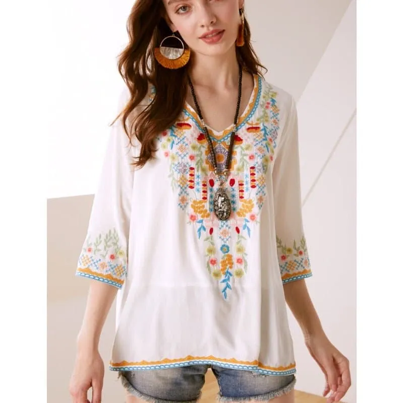 Floral Embroidery Mexican Blouse with Vibrant Floral Pattern and Stylish Design