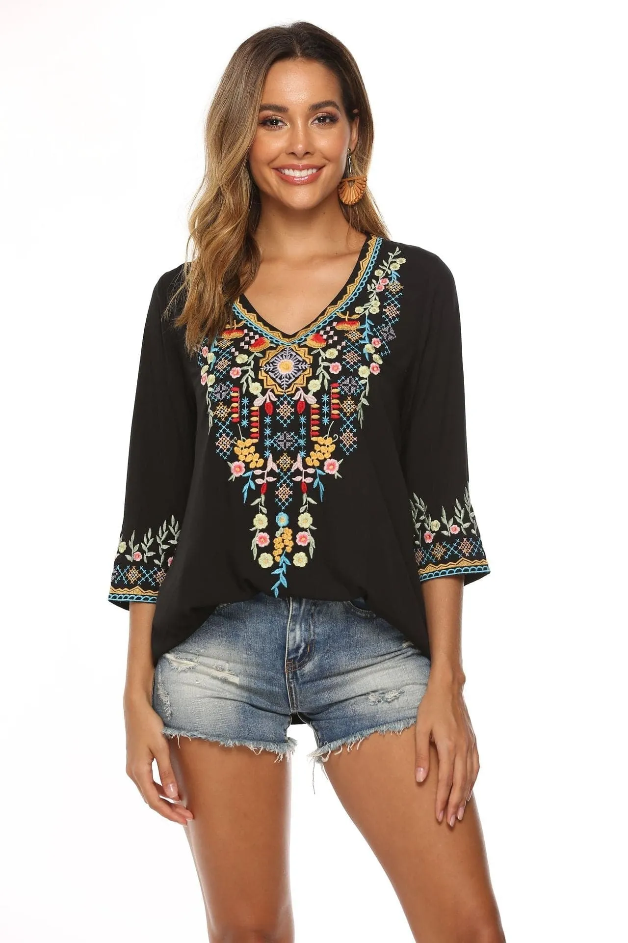 Floral Embroidery Mexican Blouse with Vibrant Floral Pattern and Stylish Design