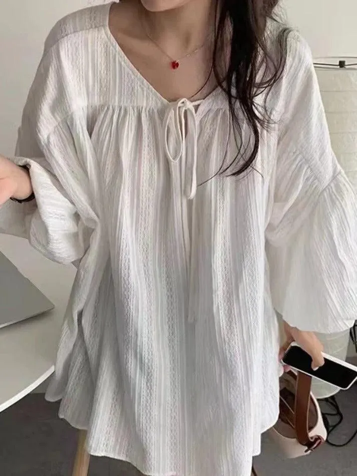 French Bubble Sleeve Lace Up Long Sleeve Blouse