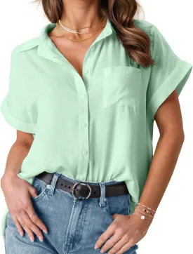 HOTOUCH Womens Short Sleeve Button Down Shirts Loose Fit V Neck Business Casual Blouses Summer Top with Pockets S-XXL