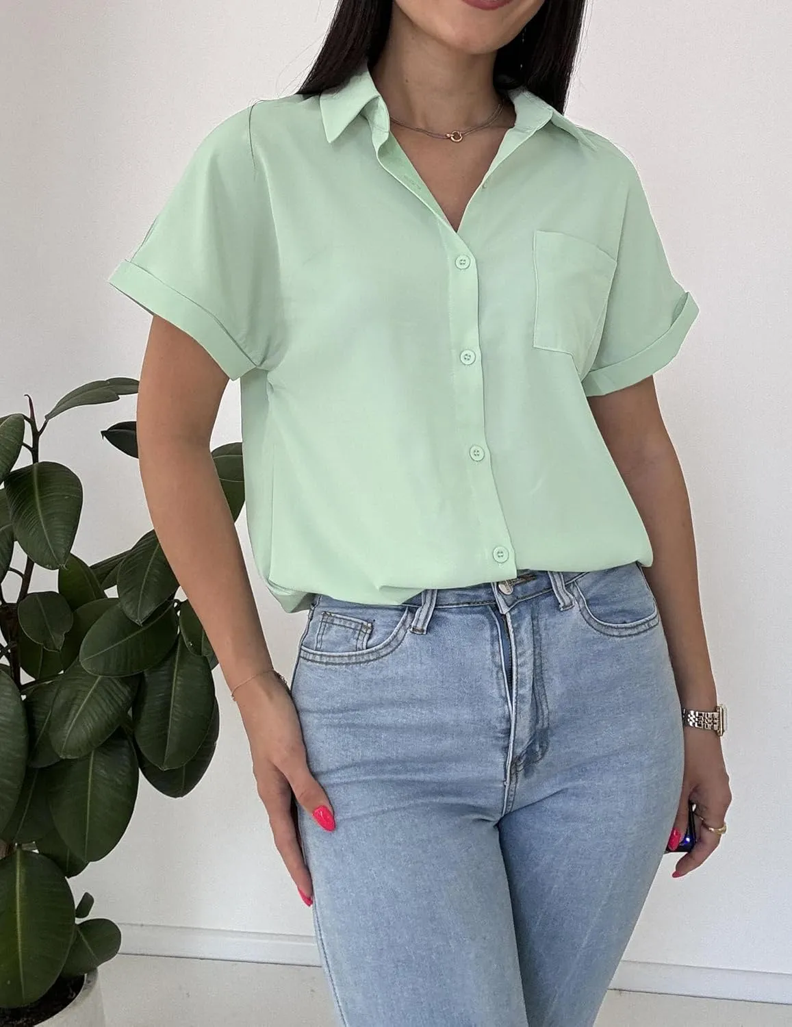 HOTOUCH Womens Short Sleeve Button Down Shirts Loose Fit V Neck Business Casual Blouses Summer Top with Pockets S-XXL