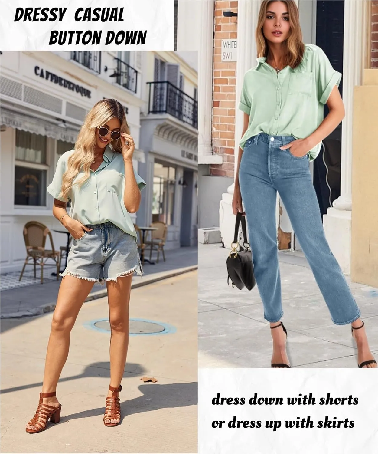 HOTOUCH Womens Short Sleeve Button Down Shirts Loose Fit V Neck Business Casual Blouses Summer Top with Pockets S-XXL