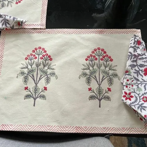 India Floral Print, 100% Cotton, Placemats for Dining Table,  Wedding,  White, Pink, Green Combo, Christmas Decor, Holiday Party Decor