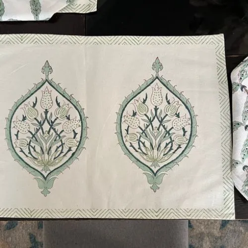 India Floral Print, 100% Cotton, Placemats for Dining Table,  Wedding,  White, Pink, Green Combo, Christmas Decor, Holiday Party Decor