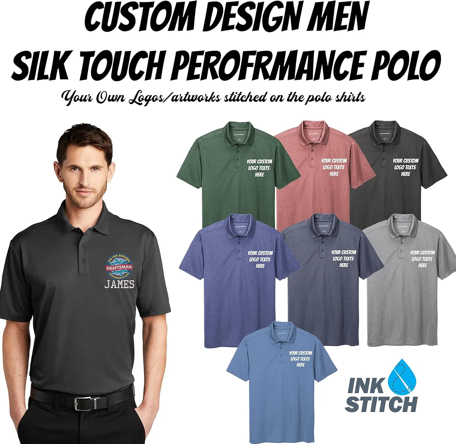 INK STITCH Men K542 Custom Design Your Own Logo Text Embroidery Silk Touch Heather Performance Polo Shirts
