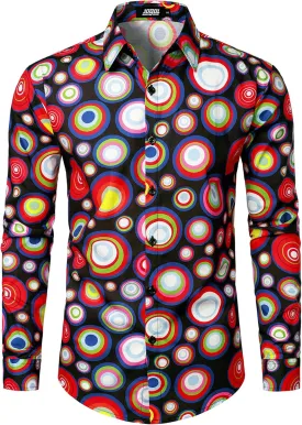 JOGAL Mens 70s Floral Dress Shirt Long Sleeve Printed Casual Button Down Shirts