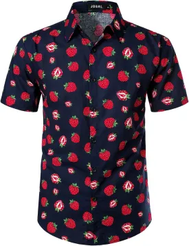 JOGAL Men's Cotton Button Down Short Sleeve Hawaiian Shirt