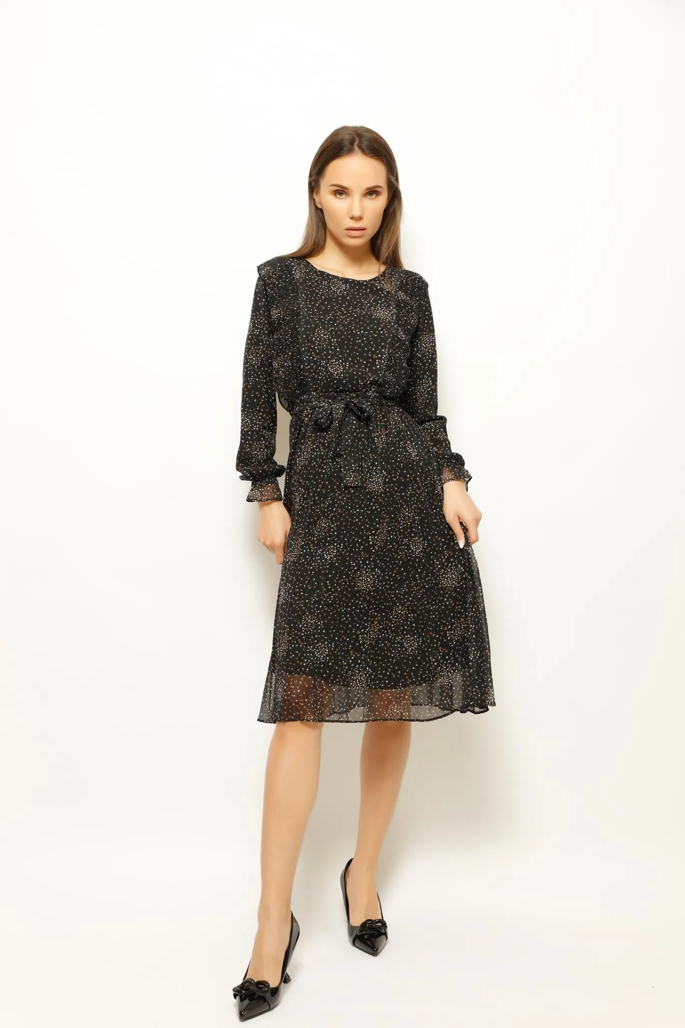 LIL FLOWER DOTS RUFFLED TIE MIDI DRESS