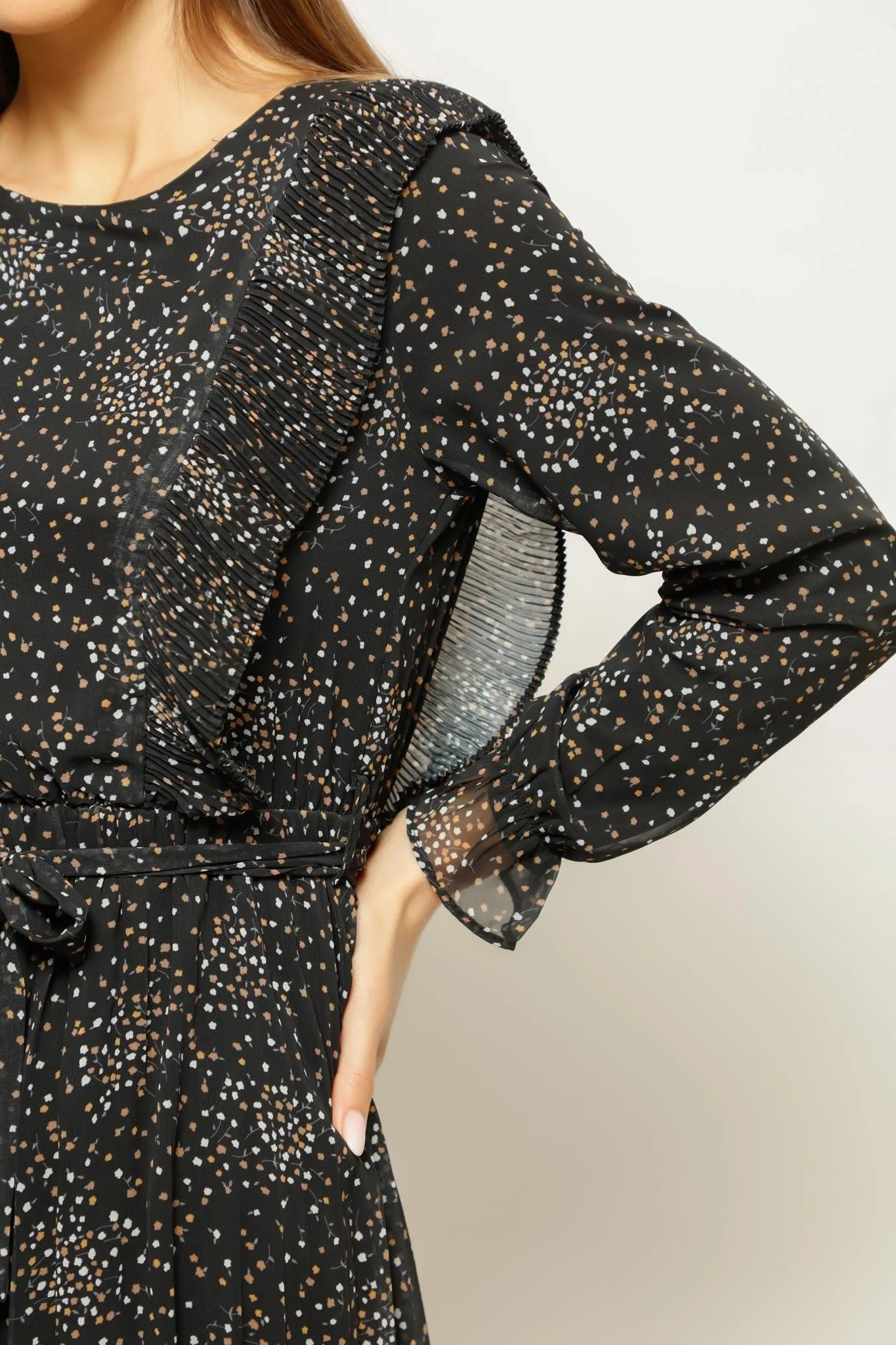 LIL FLOWER DOTS RUFFLED TIE MIDI DRESS