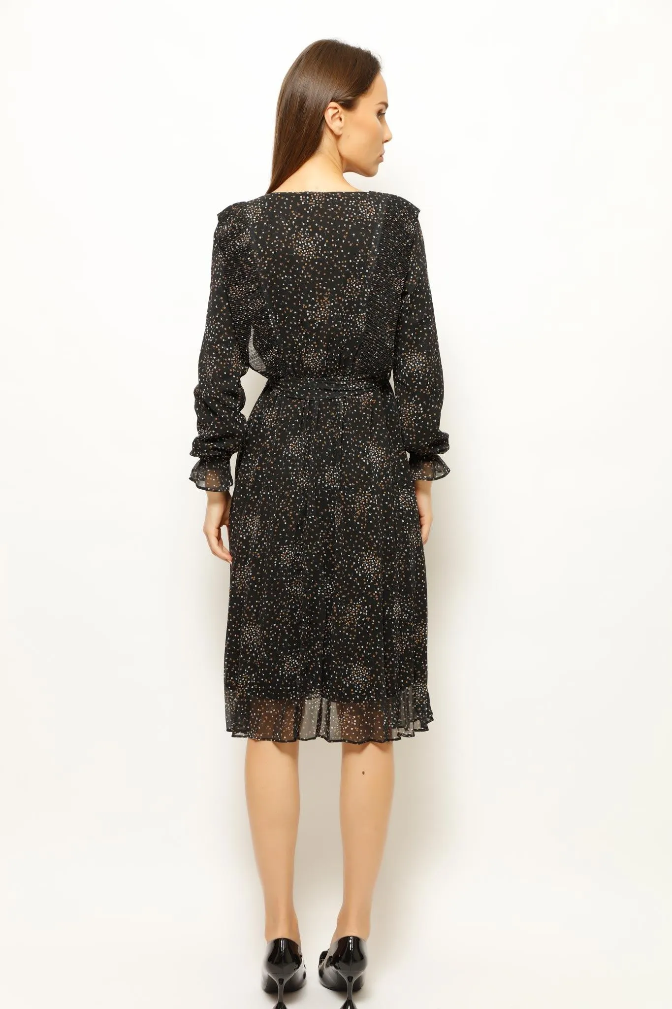 LIL FLOWER DOTS RUFFLED TIE MIDI DRESS