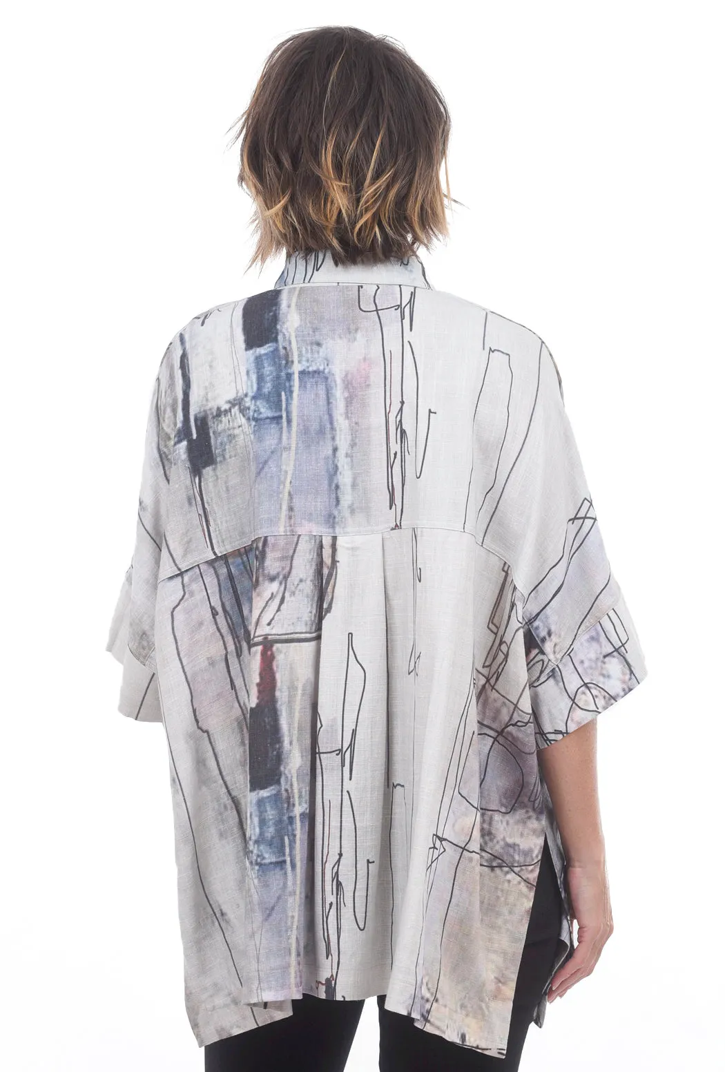Linen Abstract Print Top, Gray