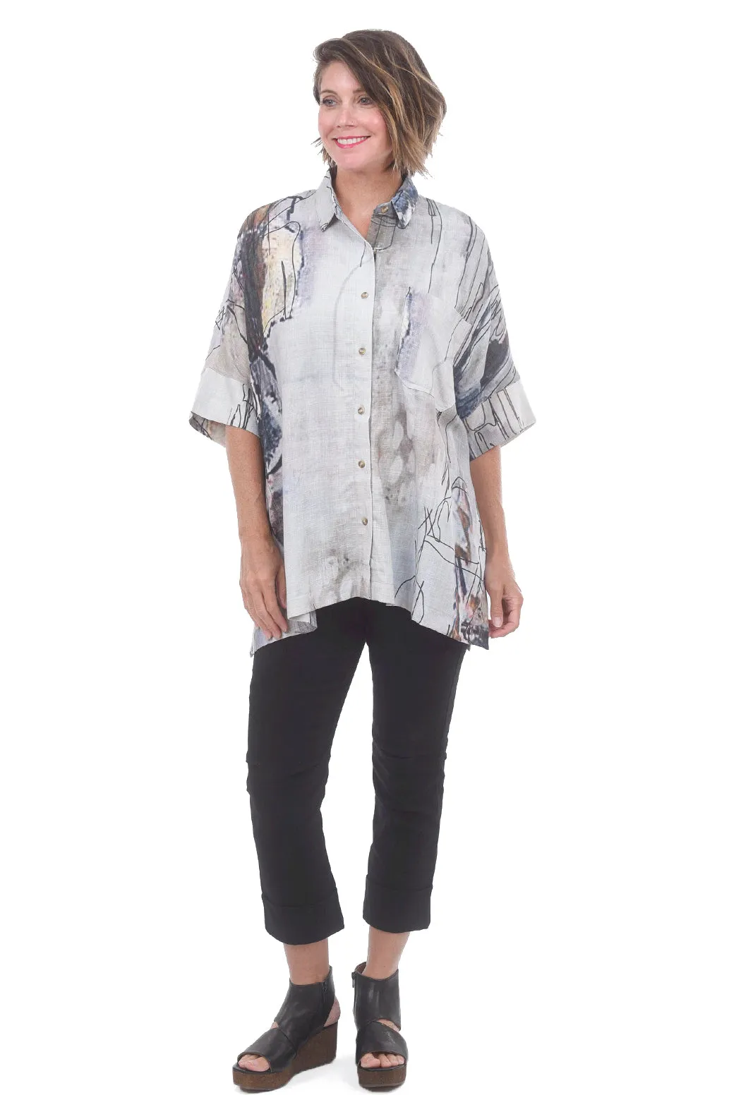 Linen Abstract Print Top, Gray