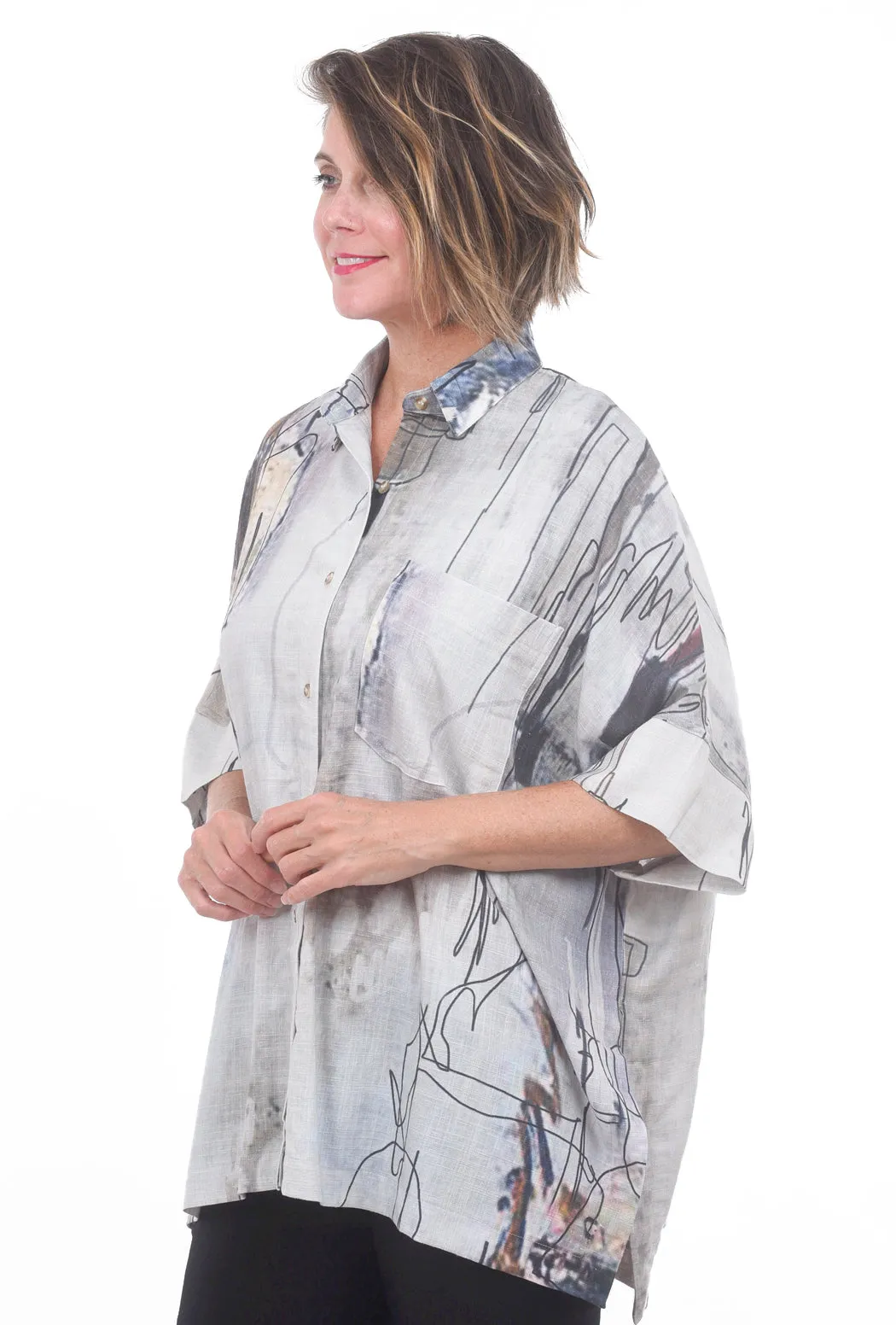 Linen Abstract Print Top, Gray