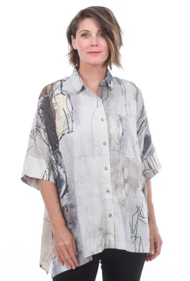 Linen Abstract Print Top, Gray