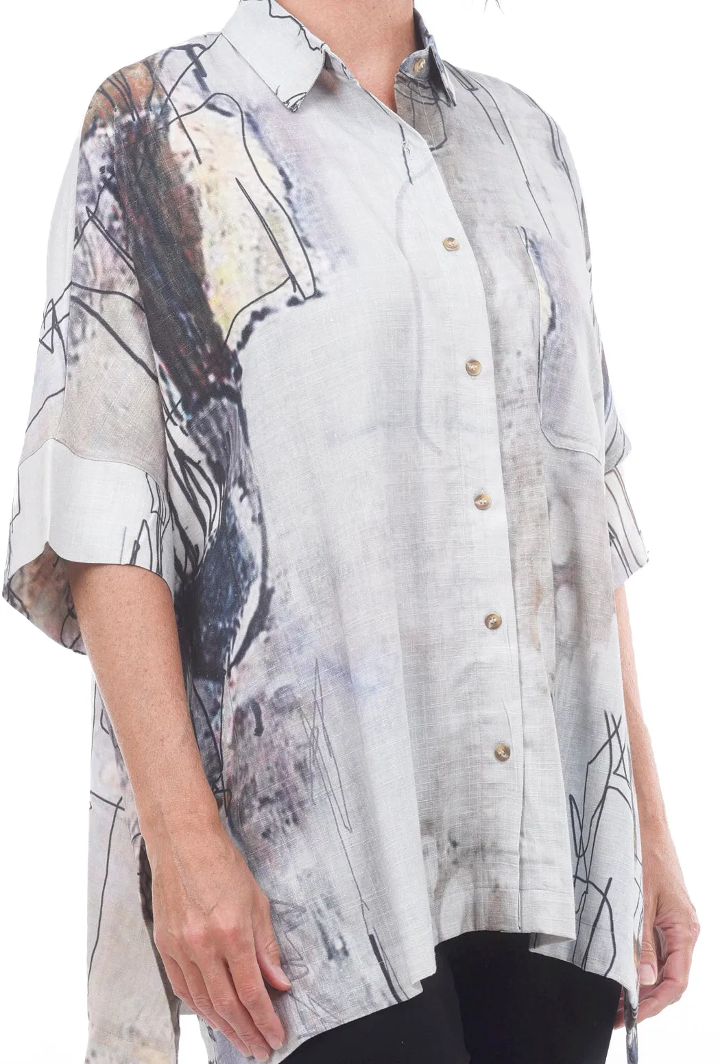 Linen Abstract Print Top, Gray