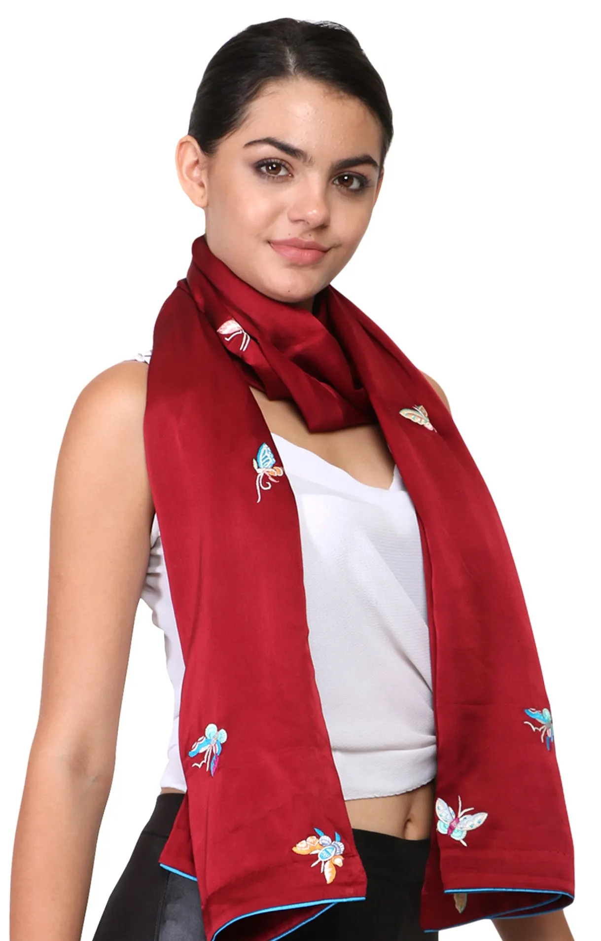Handcrafted Maroon Rainbow Butterfly Parsi Embroidery Stole – Elegant Artisanal Wrap