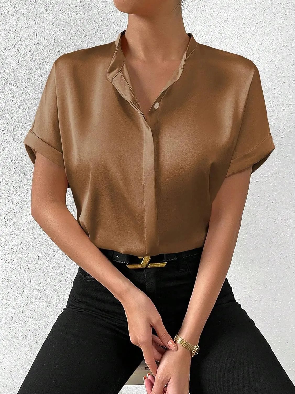 Maysoar Satin Blouses for Women Button Down Silk Shirts Batwing Sleeve Top Elegant Summer Office Work Shirt