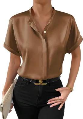 Maysoar Satin Blouses for Women Button Down Silk Shirts Batwing Sleeve Top Elegant Summer Office Work Shirt