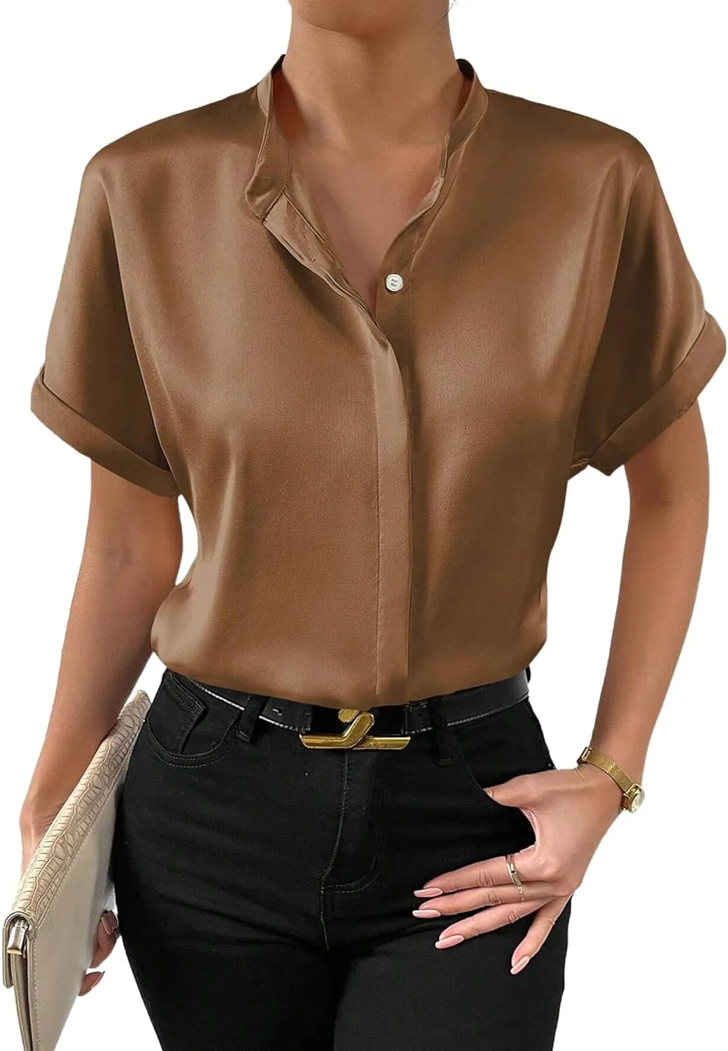 Maysoar Satin Blouses for Women Button Down Silk Shirts Batwing Sleeve Top Elegant Summer Office Work Shirt