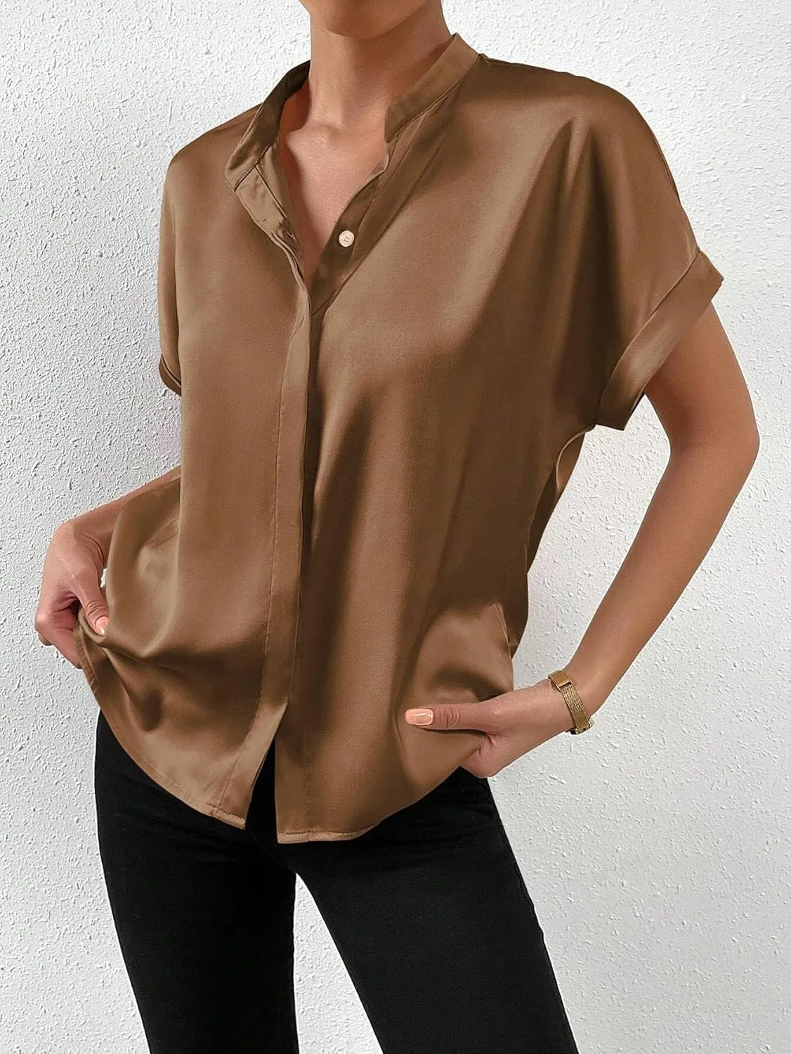 Maysoar Satin Blouses for Women Button Down Silk Shirts Batwing Sleeve Top Elegant Summer Office Work Shirt