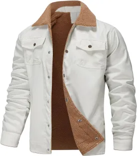 Men's Bomber Jacket Fleece Sherpa Lined Military Cargo Jacket Button Down Lapel Overshirt Winter Warm Coat Outwear