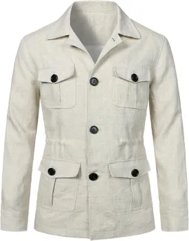 Mens Casual Linen Cargo Jackets Multi Pocket Utility Safari Jackets Lightweight Work Coats Button Down Overshirts