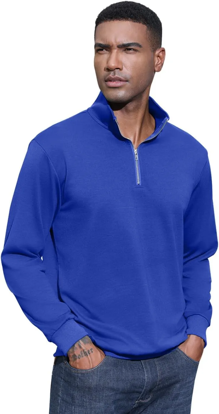 Men's Fashion Quarter Zip Pullover Casual Long Sleeve Sweatshirts Mock Neck Cotton Solid Zip Up Polo Shirts