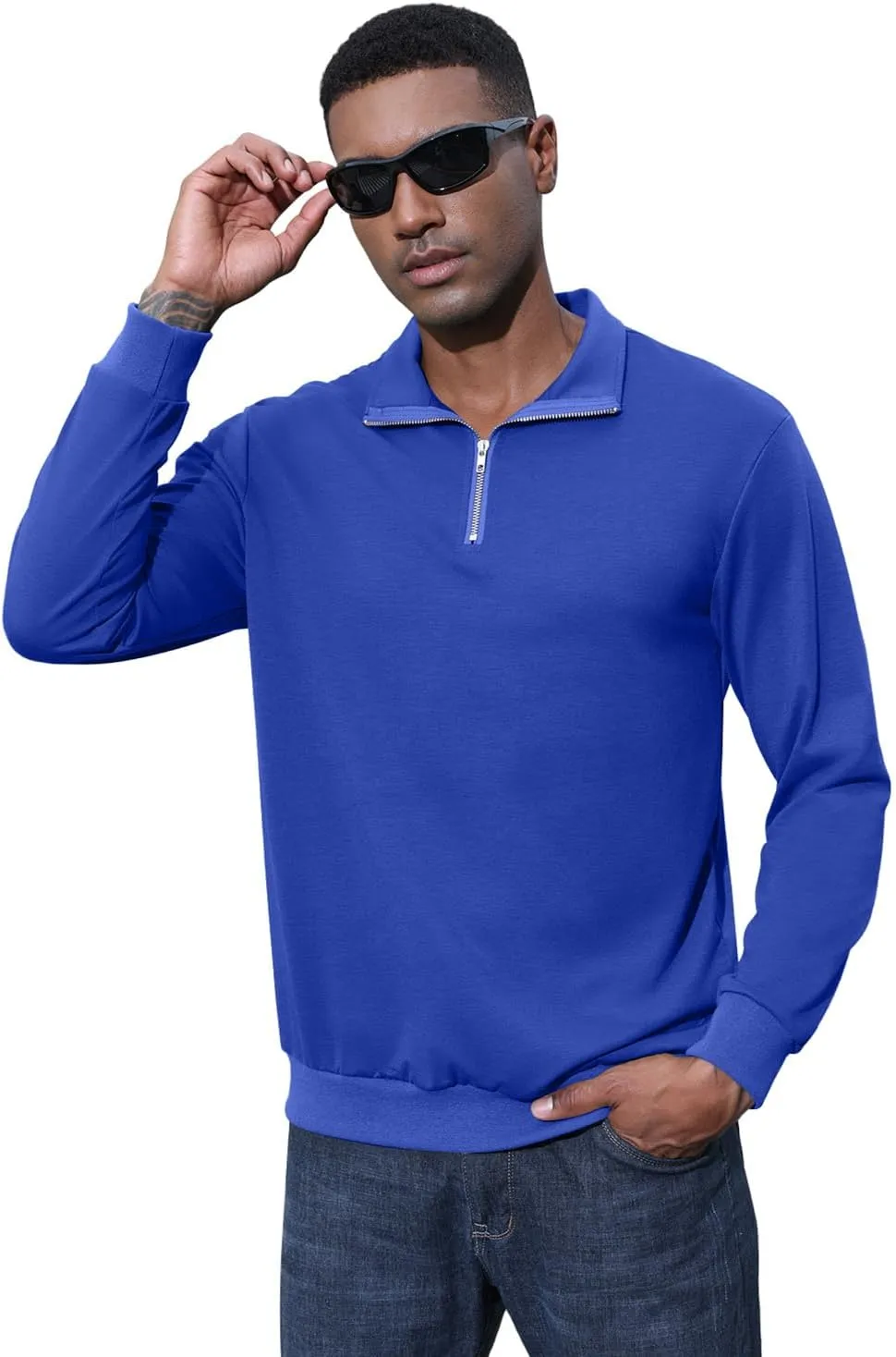 Men's Fashion Quarter Zip Pullover Casual Long Sleeve Sweatshirts Mock Neck Cotton Solid Zip Up Polo Shirts
