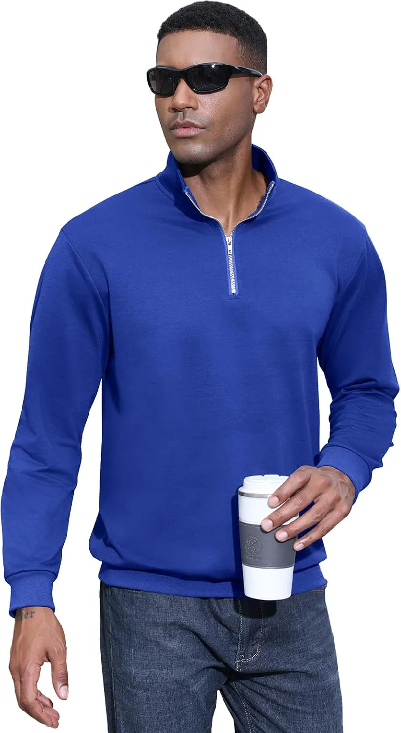 Men's Fashion Quarter Zip Pullover Casual Long Sleeve Sweatshirts Mock Neck Cotton Solid Zip Up Polo Shirts