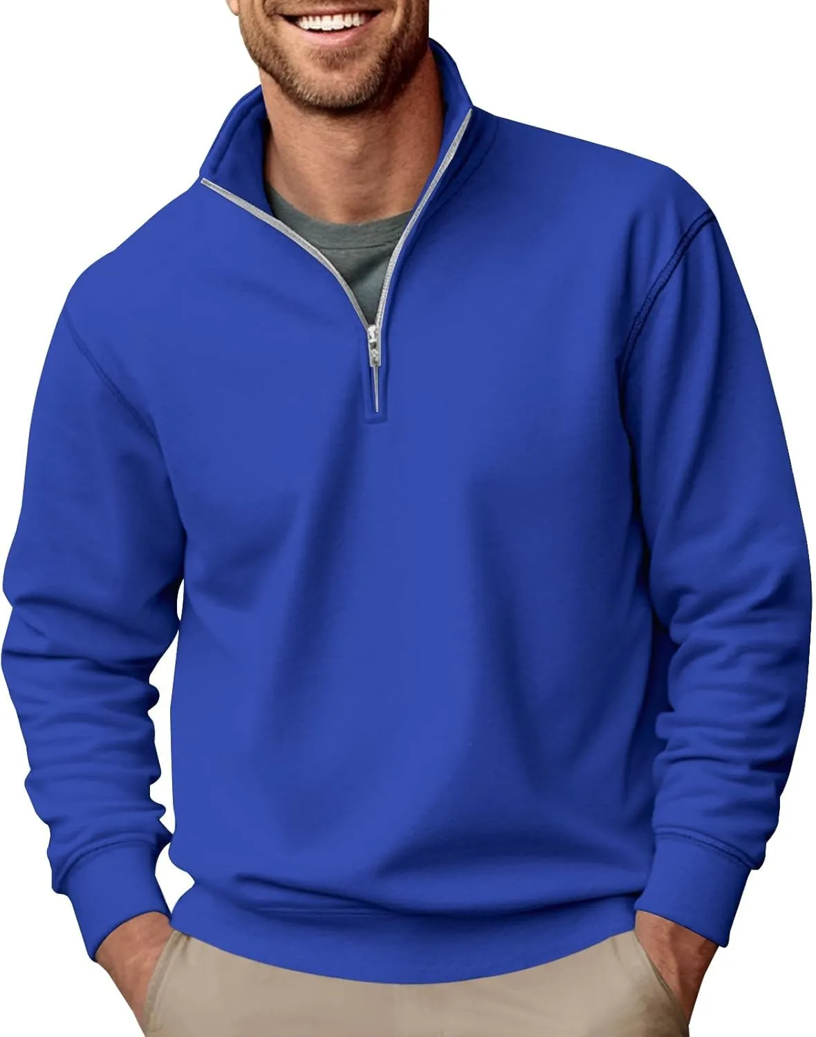Men's Fashion Quarter Zip Pullover Casual Long Sleeve Sweatshirts Mock Neck Cotton Solid Zip Up Polo Shirts