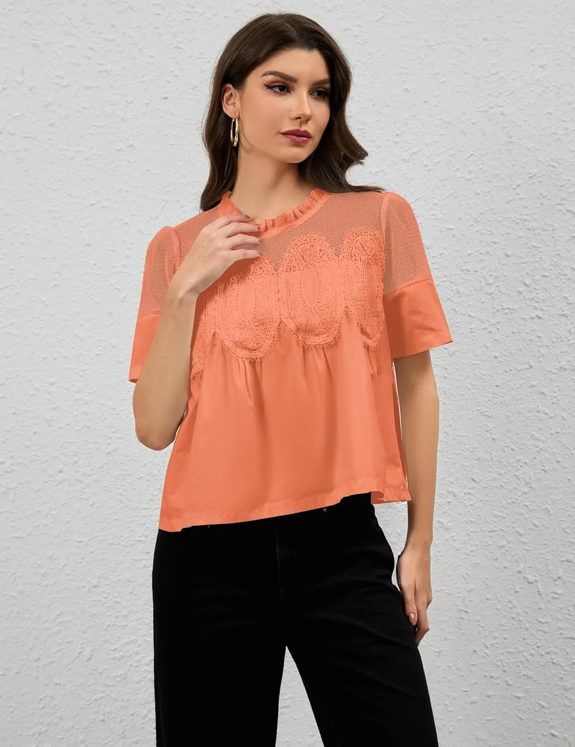 MISSACTIVER Women Lace Trim Short Sleeve Blouse Swing Crew Neck Ruffle Hem Mesh Shirts Summer Loose Poplin Babydoll Tops
