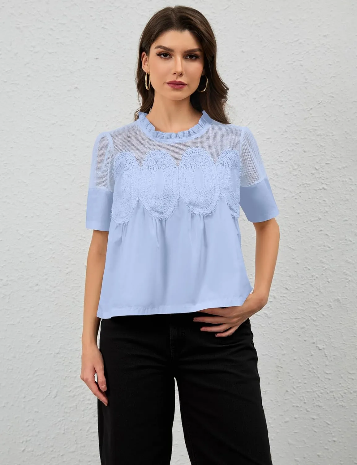 MISSACTIVER Women Lace Trim Short Sleeve Blouse Swing Crew Neck Ruffle Hem Mesh Shirts Summer Loose Poplin Babydoll Tops