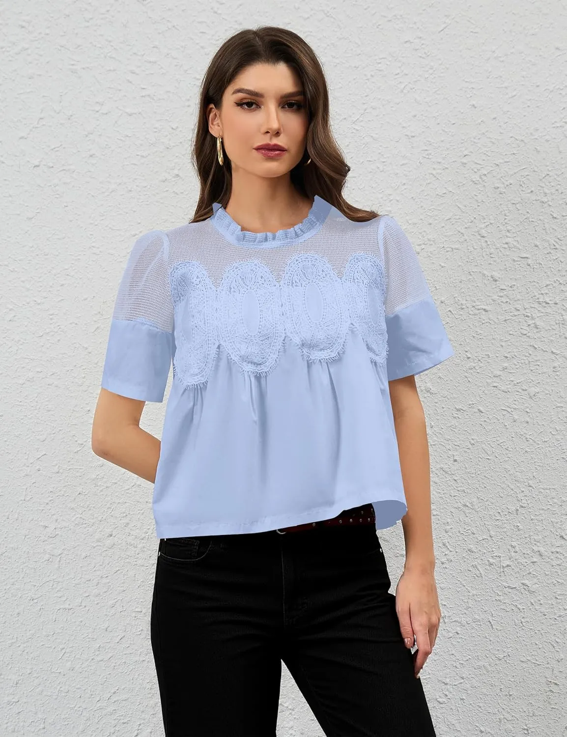 MISSACTIVER Women Lace Trim Short Sleeve Blouse Swing Crew Neck Ruffle Hem Mesh Shirts Summer Loose Poplin Babydoll Tops