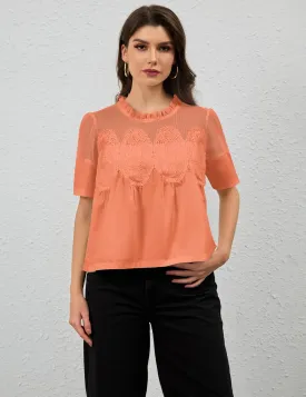 MISSACTIVER Women Lace Trim Short Sleeve Blouse Swing Crew Neck Ruffle Hem Mesh Shirts Summer Loose Poplin Babydoll Tops